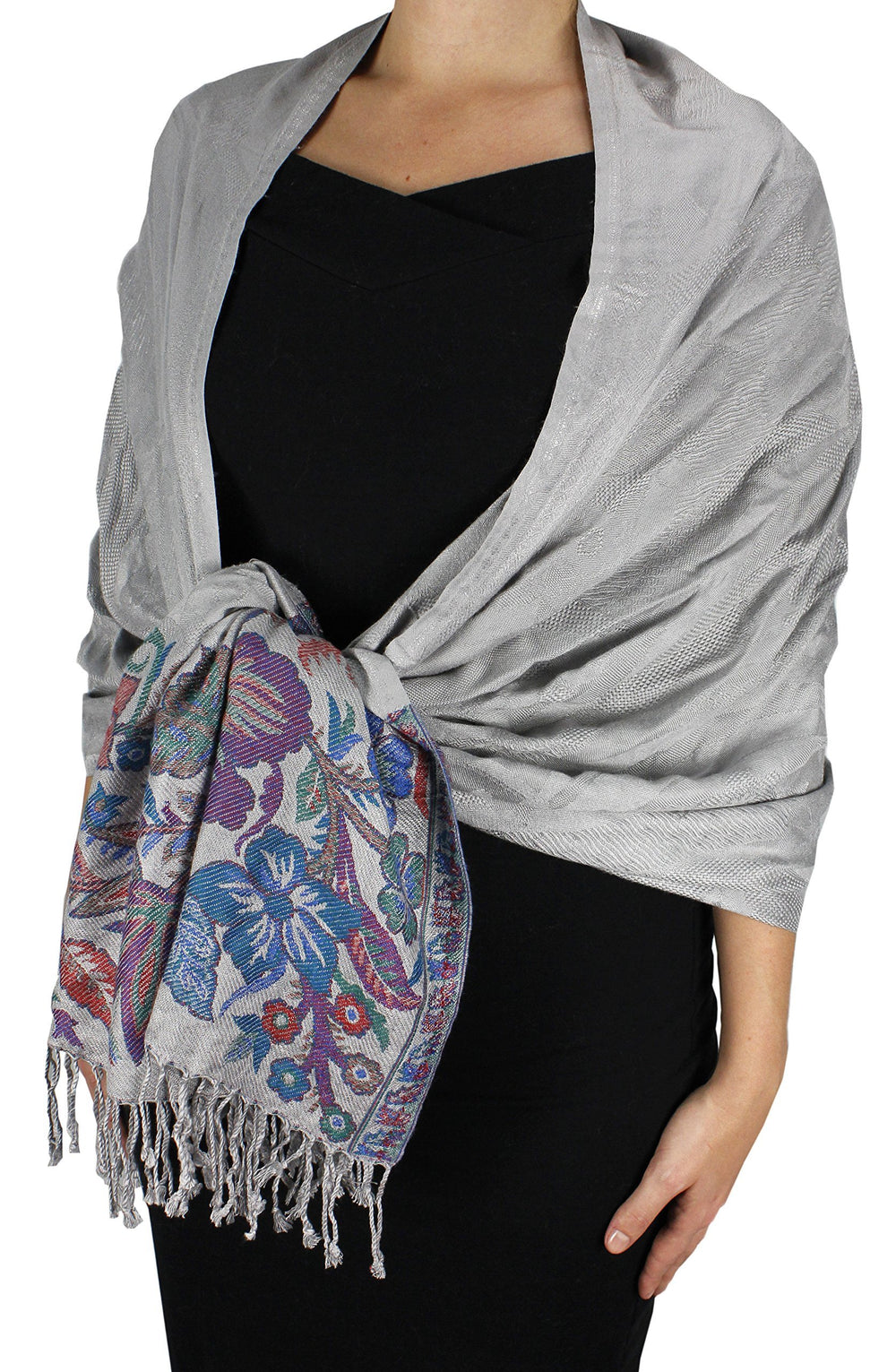 Reversible pashmina shawl with a gray and peach floral border and paisley pattern.
