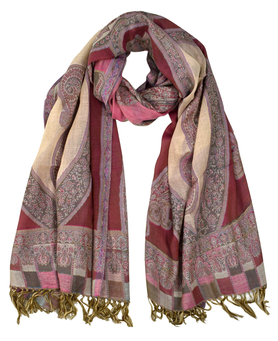 Sheer Handmade Paisley Damask Pashmina Shawl-Pink Tan