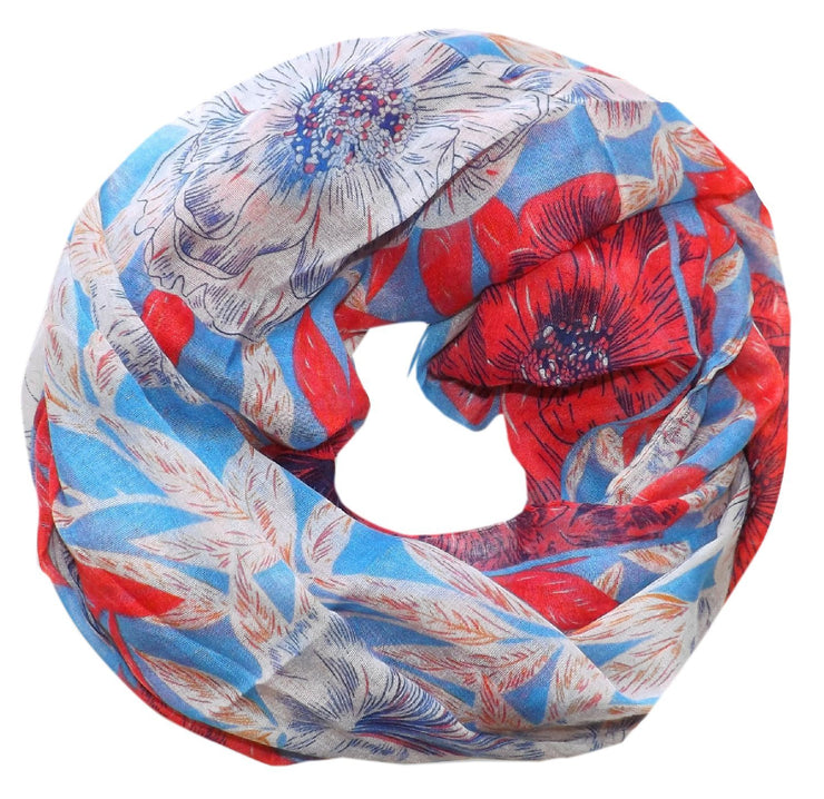 Red Blue Lightweight Hawaiian Floral Print Infinity Loop Summer Scarf