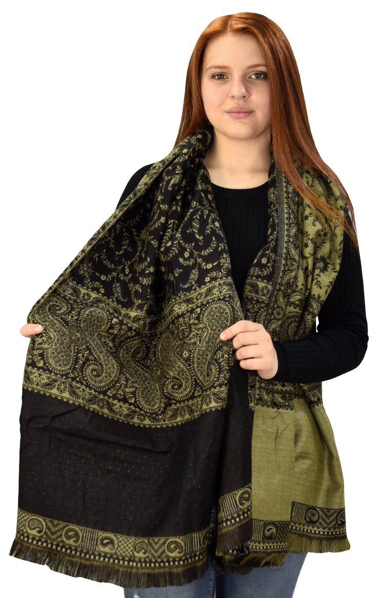 Thick 4 Ply Reversible Paisley Pashmina Blanket Scarf Black/Olive