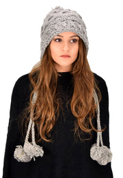 Trendy Knit Solid Colored Trapper Hat with Long Fringe Pom Poms