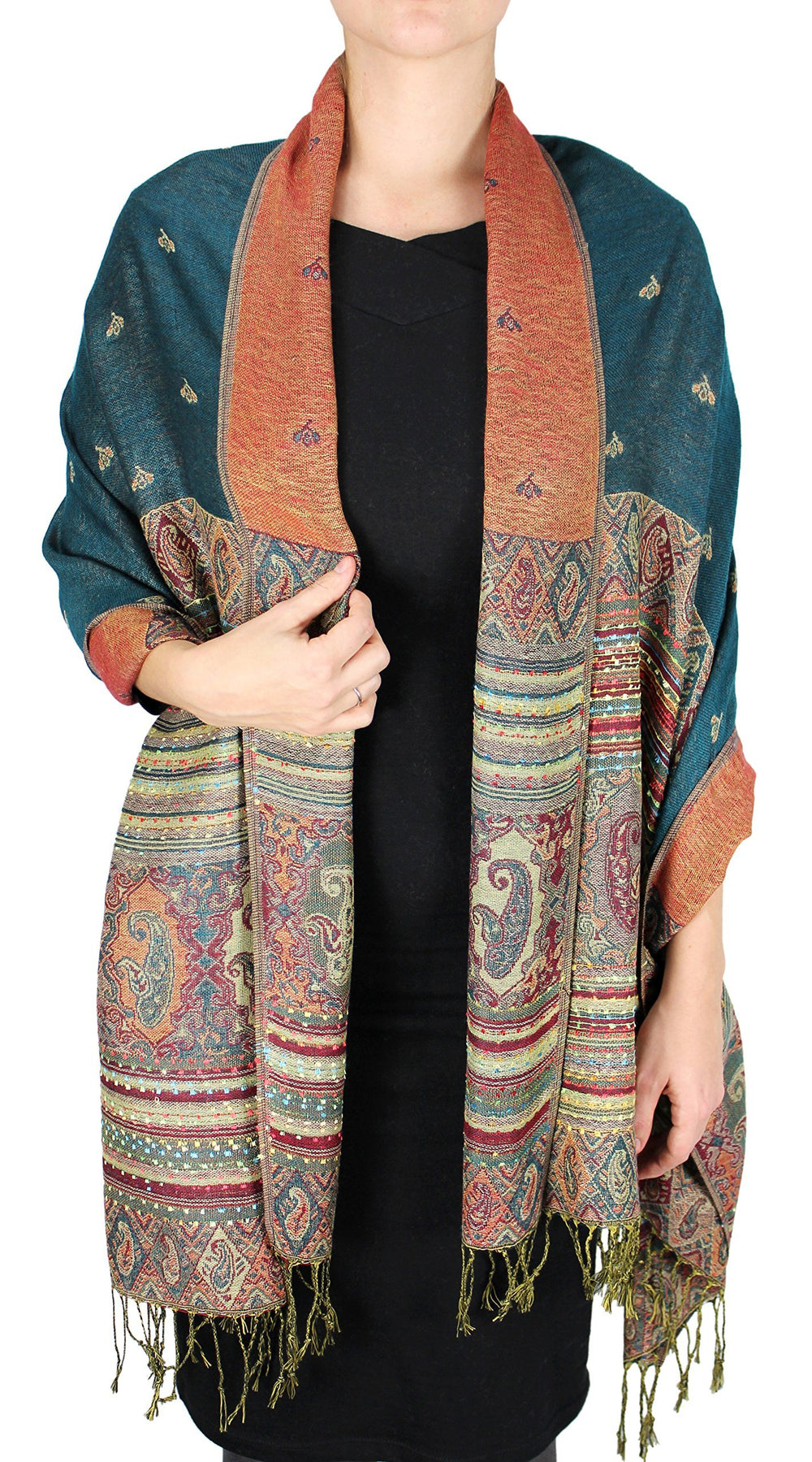 Teal ethnic design bohemian pashmina shawl with a reversible 20 inch tribal tapestry border at each end.