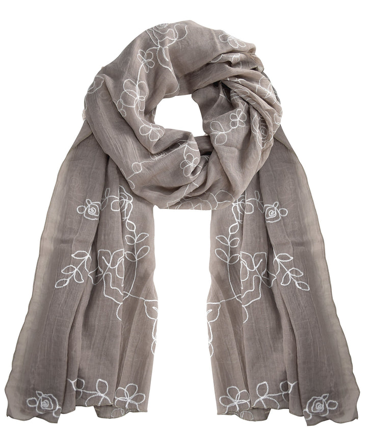 Taupe rose shawl scarf featuring intricate floral embroidery for all seasons summer wear or evening wrap
