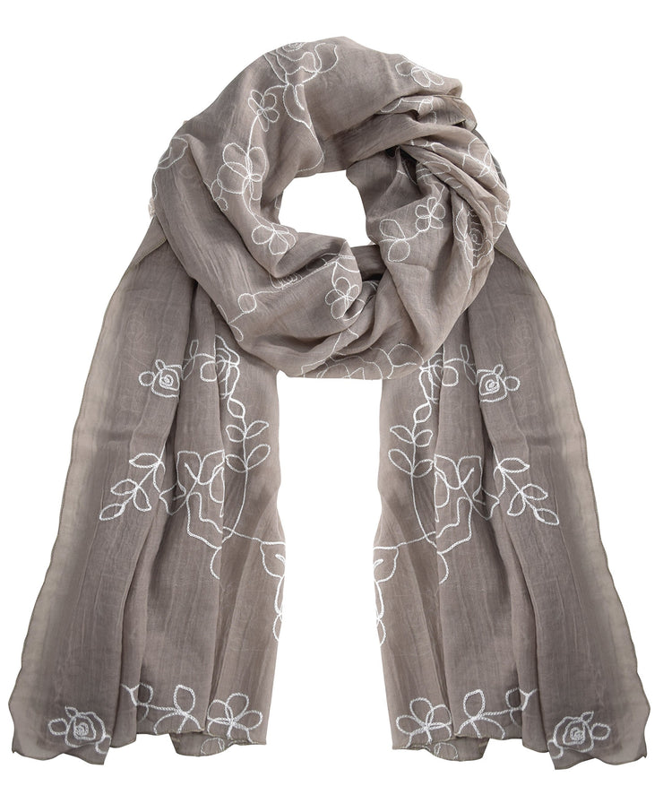 Taupe Rose All Seasons Floral Embroidered Flower Summer Shawl Scarf Wrap