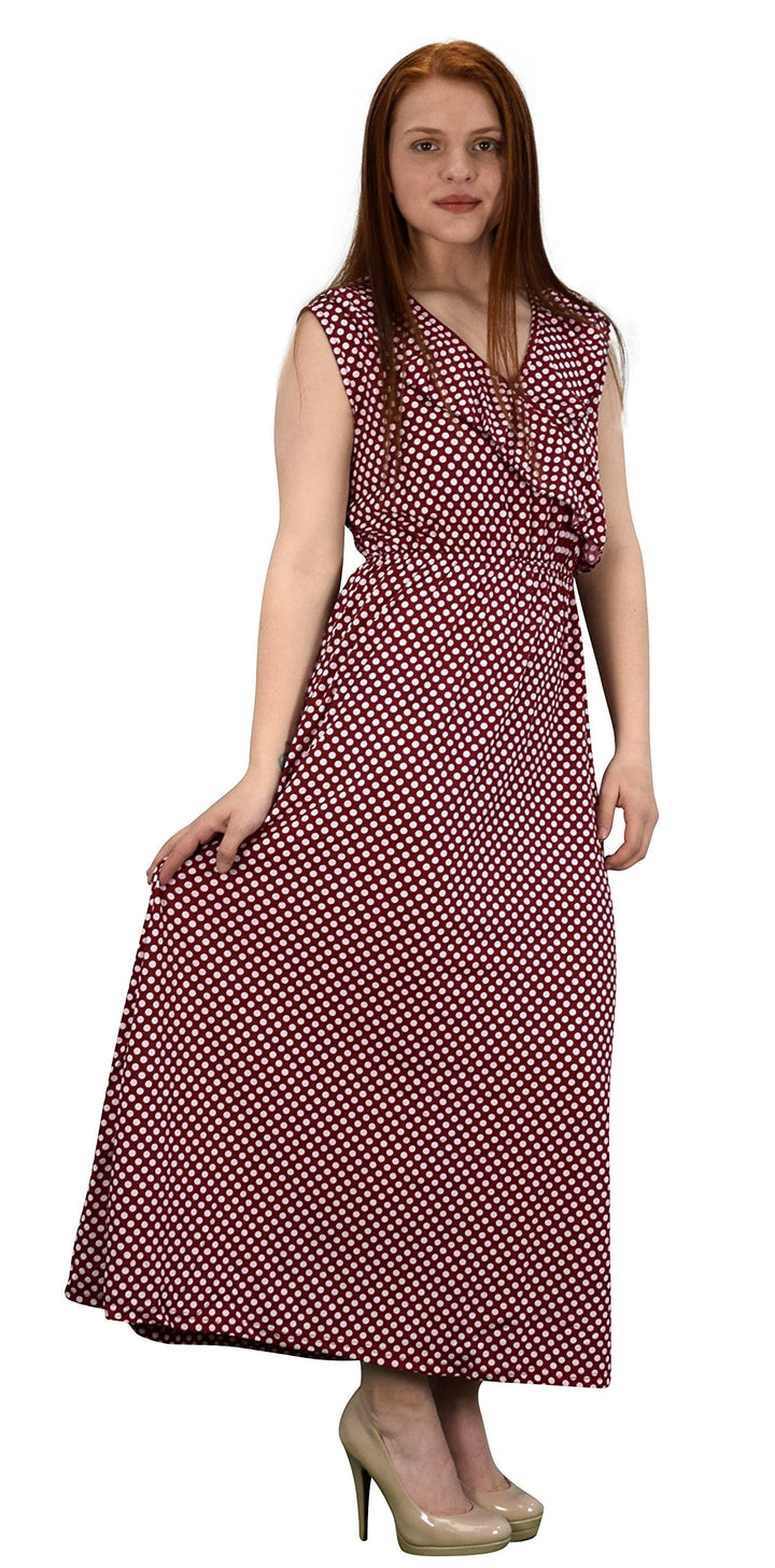 Polka Dot Ruffled V Neck Sleeveless Empire Waist Summer Maxi Dress
