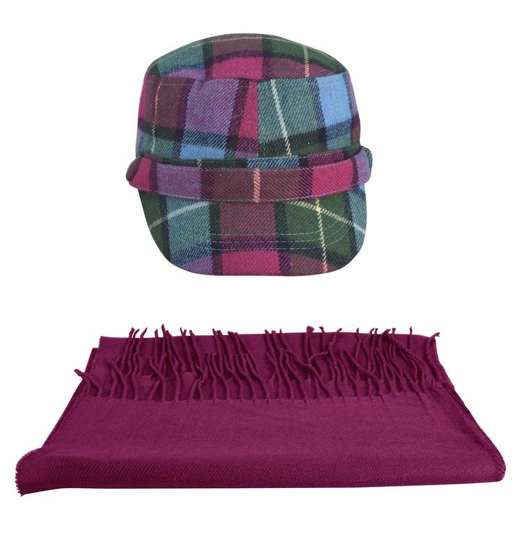 Maroon Plaid Cashmere Feel Insulated Cadet Hat and Scarf Set