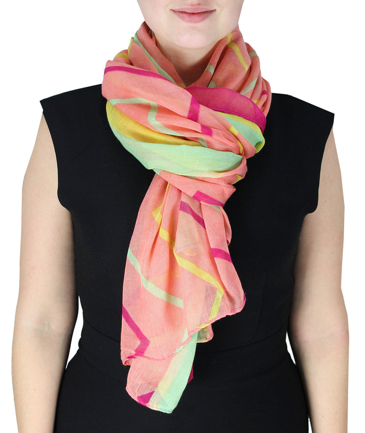 Baby Pink and Yellow Fun Sheer Multicolored Striped Chevron Design Scarf/wrap w/Colorful Border