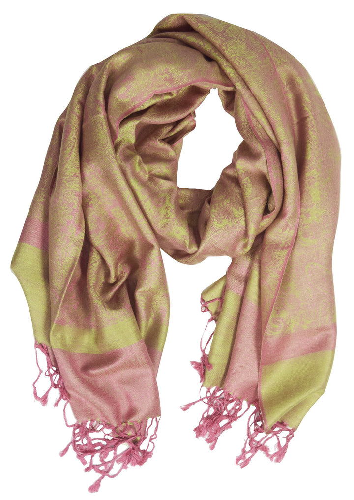 Pink and baby green vintage jacquard paisley shawl with intricate patterns and fringe.