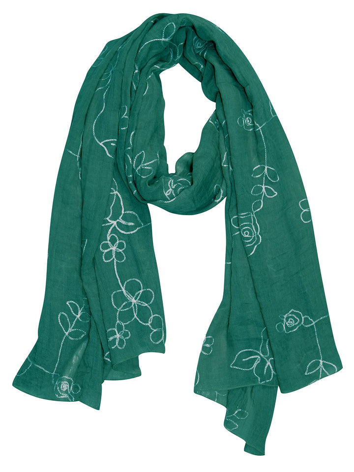 Sheer floral scarf featuring rose, green, and peach embroidery on soft cloth fabric.