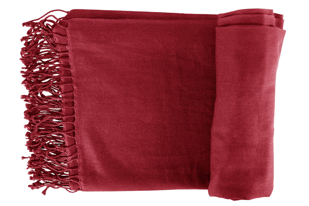 Maroon cashmere and fine wool travel throw blanket scarf with fringe ends