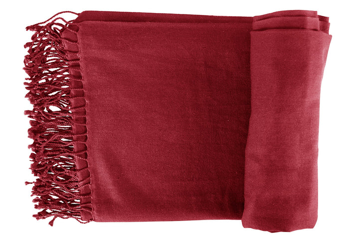 Maroon cashmere and fine wool travel throw blanket scarf with fringe ends