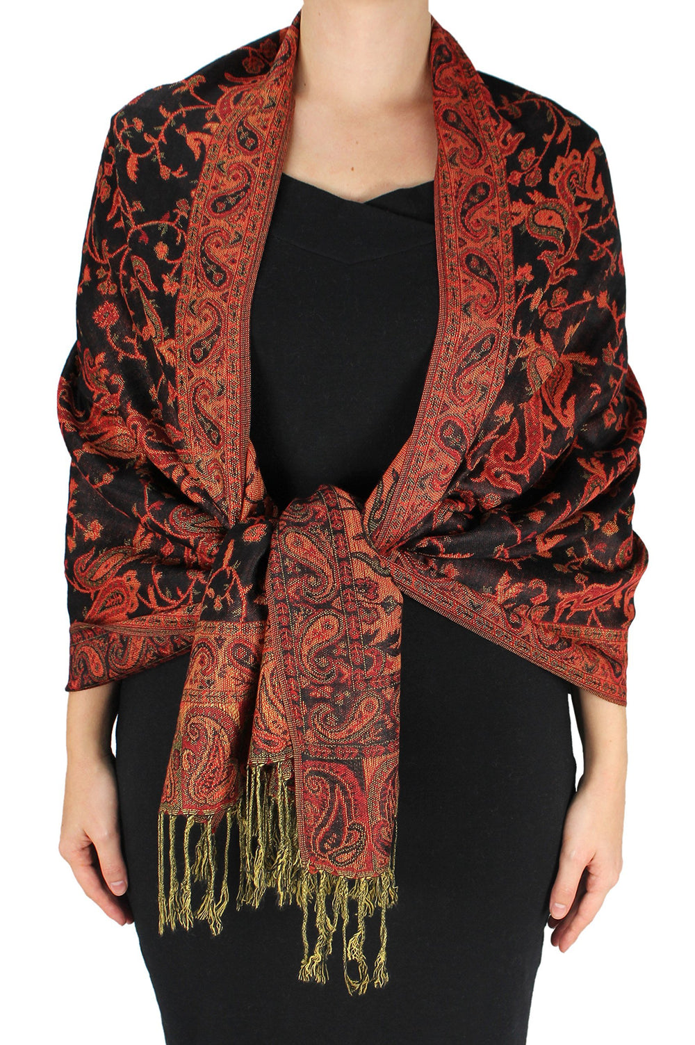 Double layer reversible paisley pashmina shawl wrap scarf in red and black with fringed edges.
