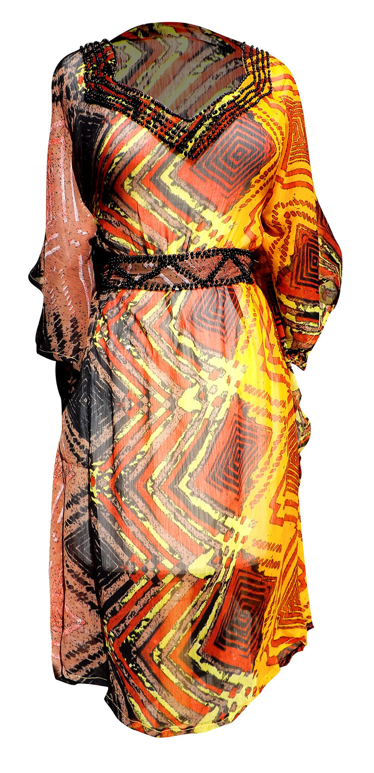 Light Weight Geometric Tribal Print Long Sleeve Fabric Belt Summer Tunic Mini dress ZigZag Orange X-large
