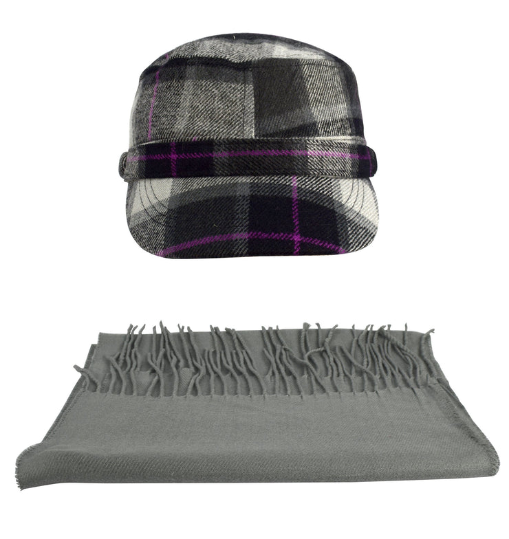 Black/Grey Plaid Cashmere Feel Insulated Cadet Hat and Scarf Set