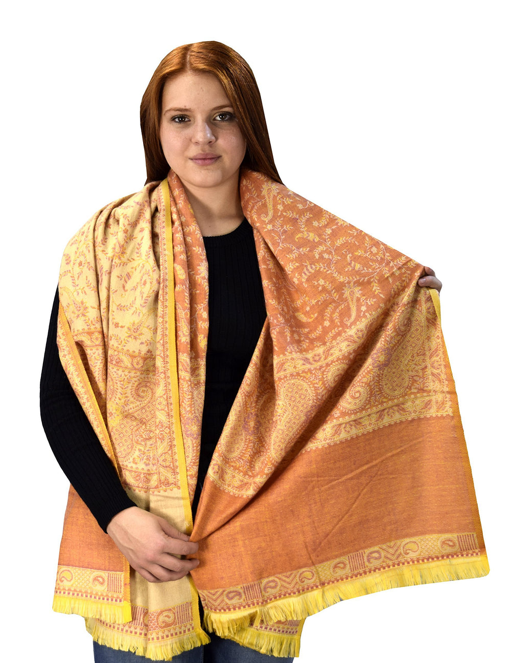Orange thick 4-ply reversible paisley pashmina shawl with intricate floral patterns and fringe trim.