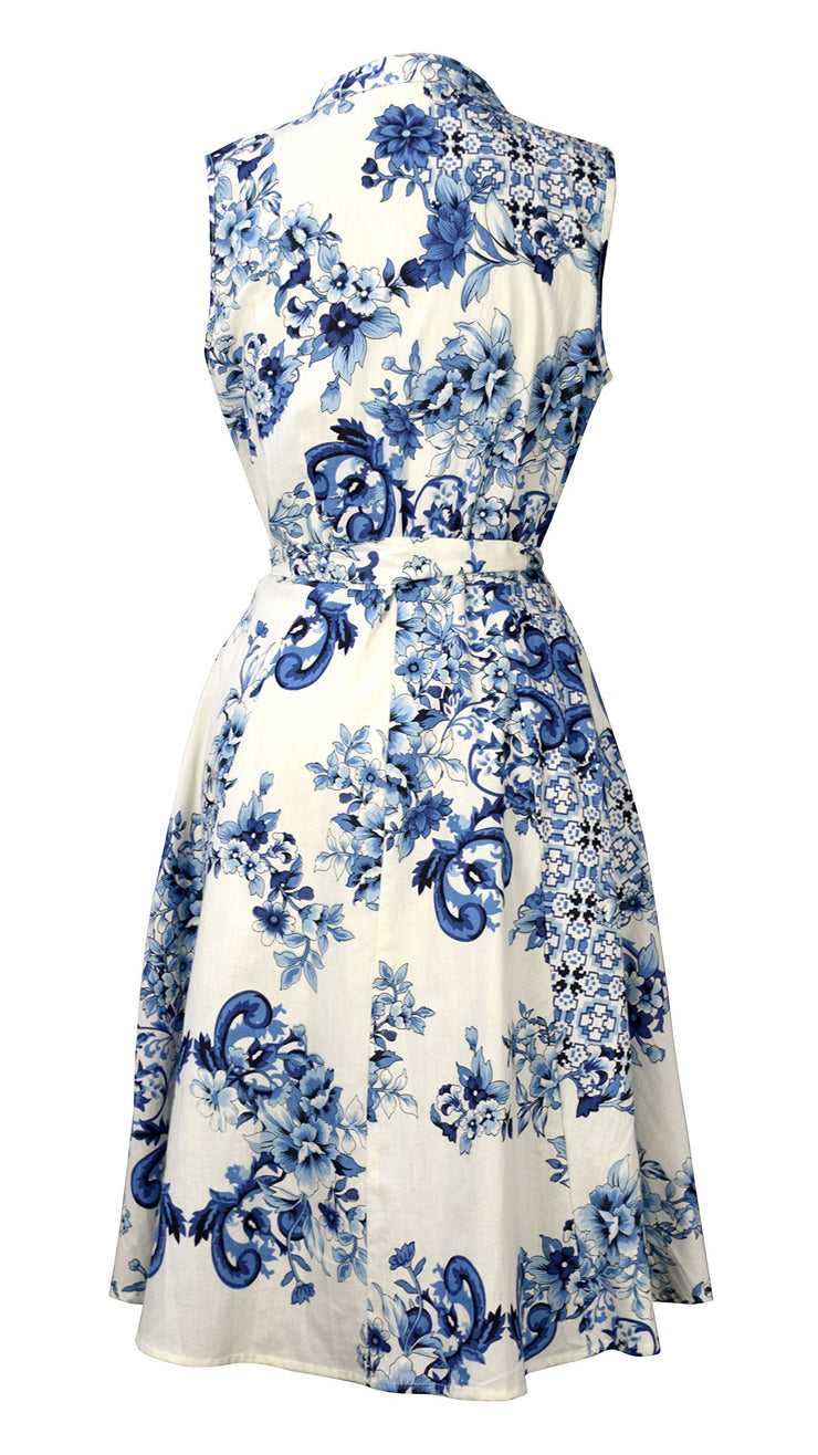 Peach Couture Blue Floral Vintage Retro Button Up Party Dress with Belt