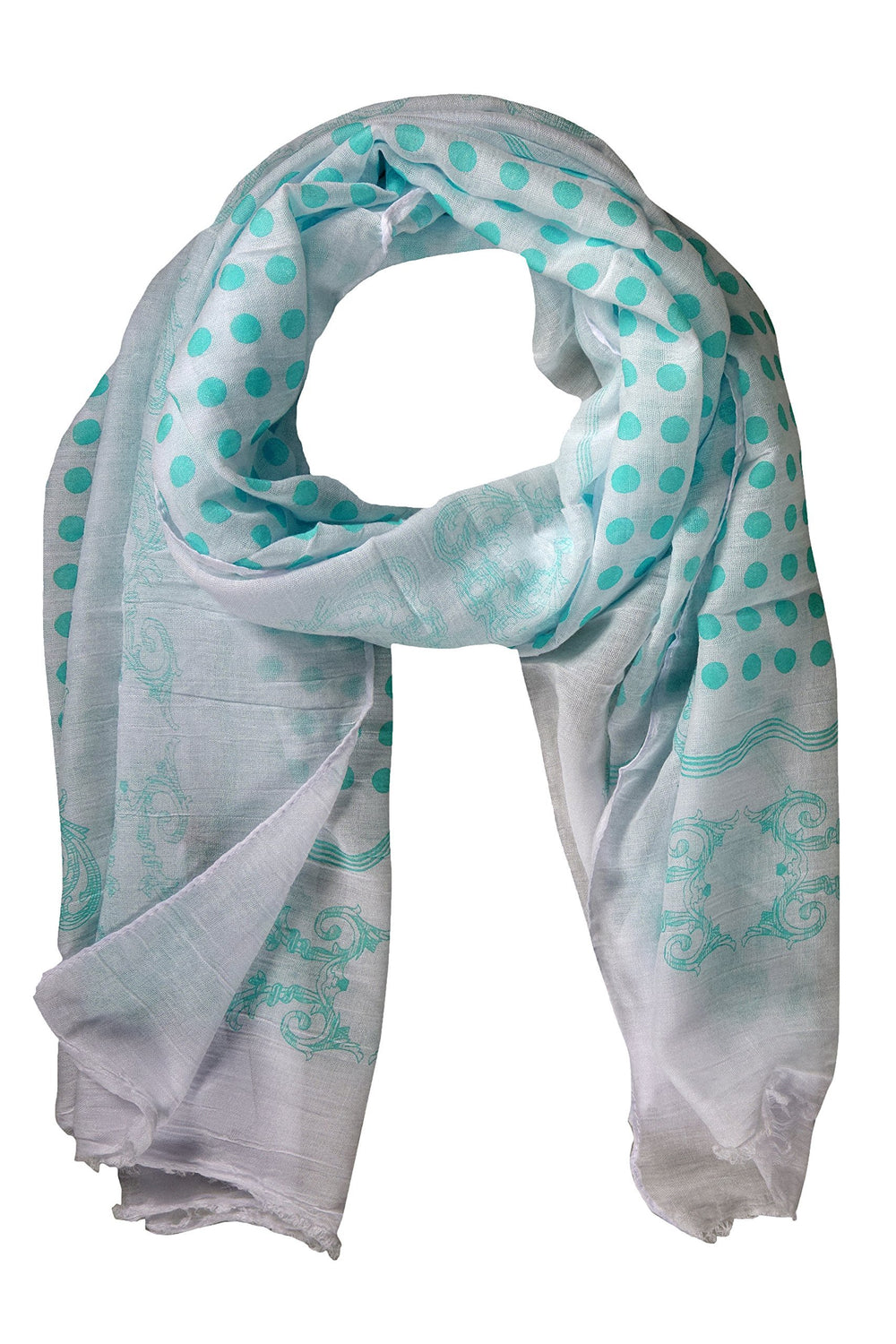 Mint polka dot scarf with a white paisley border and eyelash fringe detailing.
