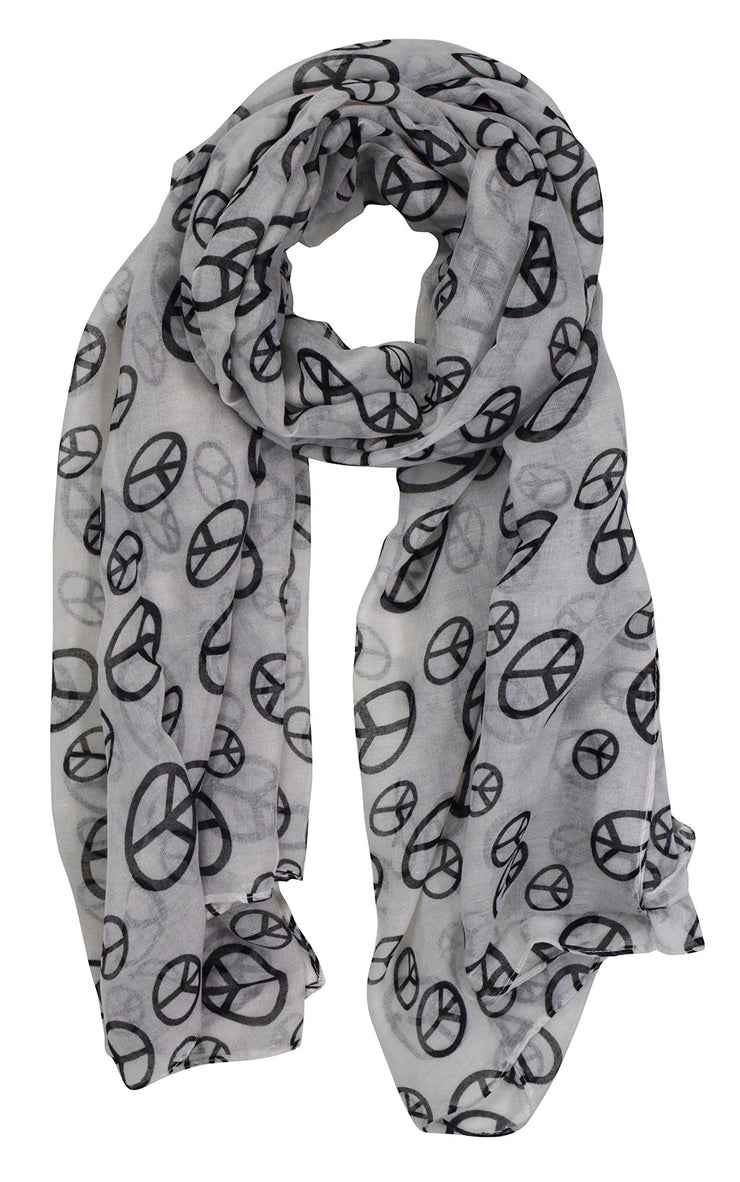 White and Blue Fashionable Lightweight Peace Sign Design Scarf Shawl