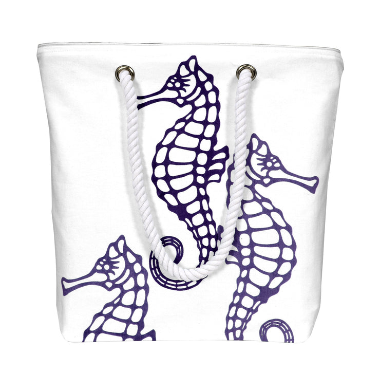 Premium Cotton Canvas Beach Handbags Nautical Seahorse Design Bag - Violet