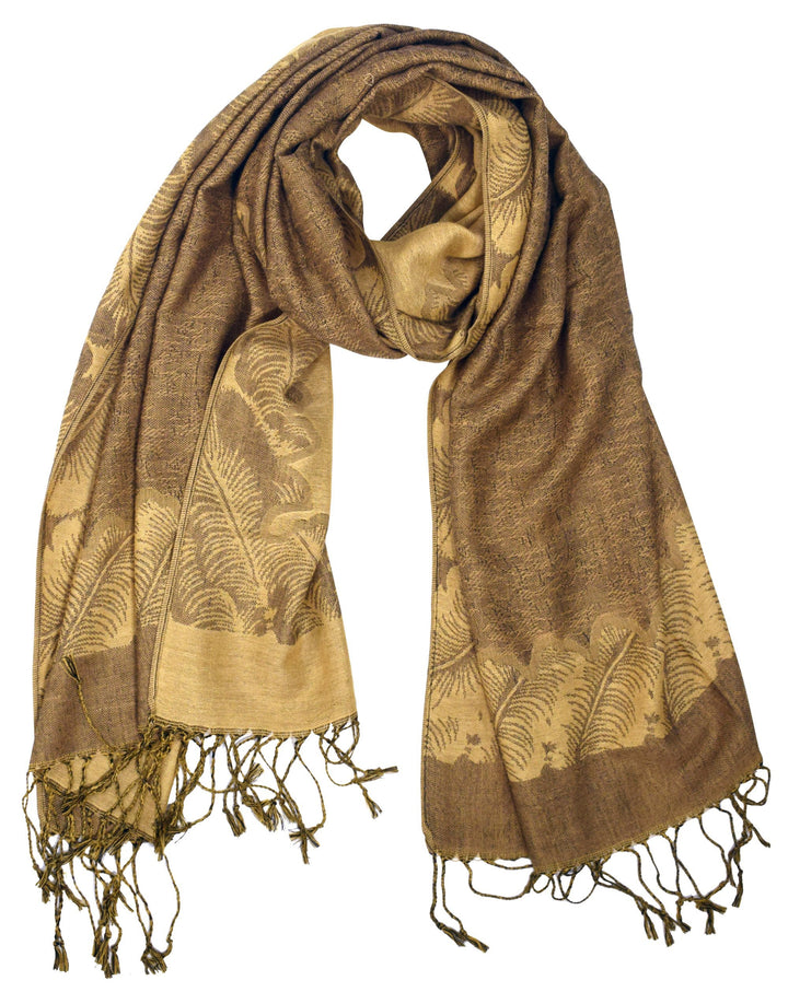 Elegant khaki and gold reversible pashmina shawl featuring an intricate jacquard paisley pattern and fringe trim.