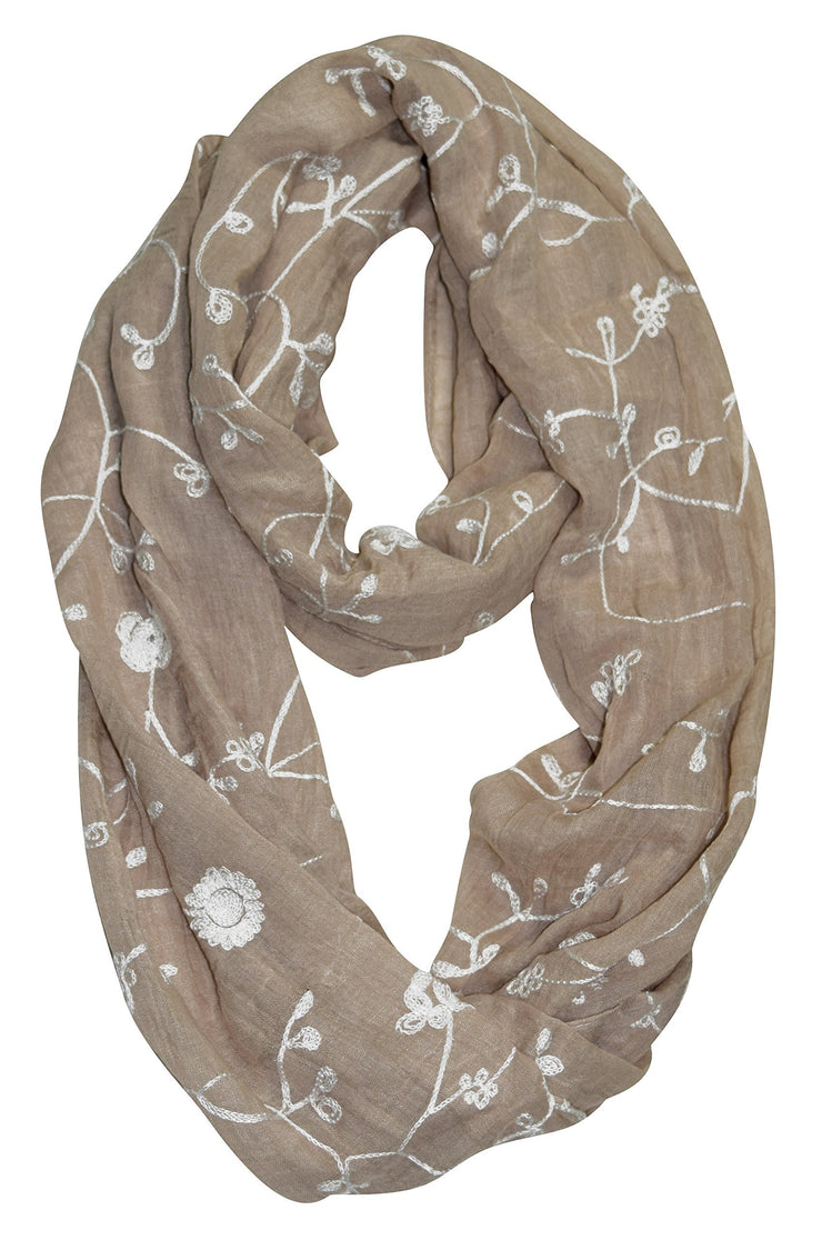 Sunflower Taupe Sheer Soft Cloth Floral Embroidered Flower Infinity Loop Scarf