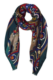 Taupe/Blue/Green/Red Paisley Damask Fringe Scarf