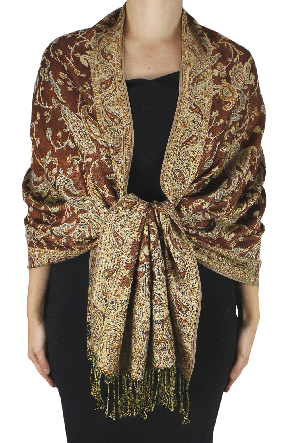 Elegant double layer reversible pashmina shawl featuring an intricate paisley pattern in wheat and peach tones with fringed edges.