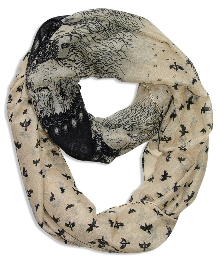 Ivory/Black Peach Couture Beautiful Vintage Two Colored Bird Print Infinity Loop Scarf Scarves