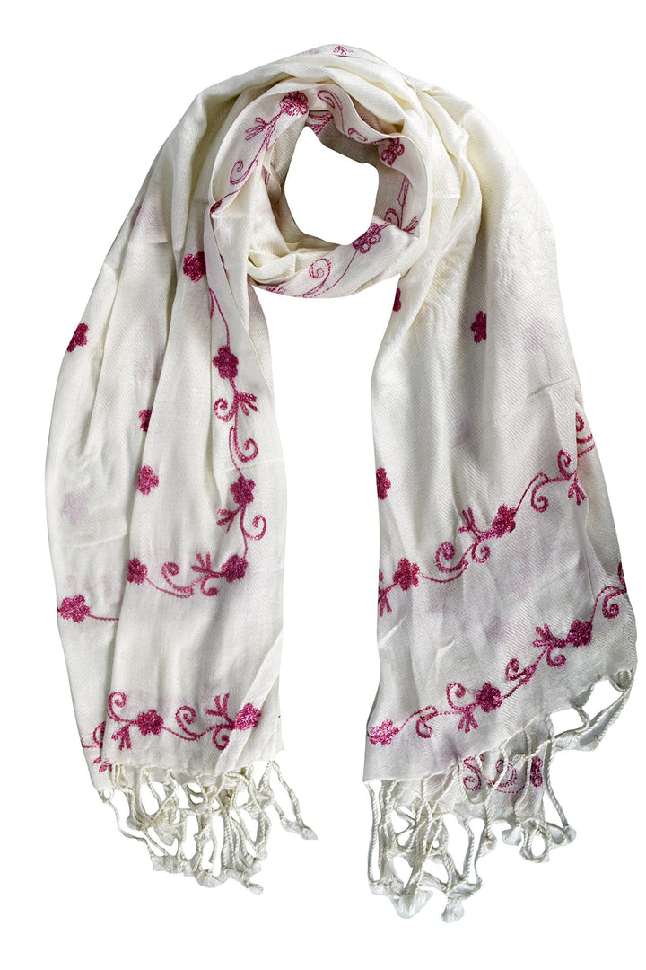 Vintage shawl scarf with pink and white floral embroidery and fringe edges