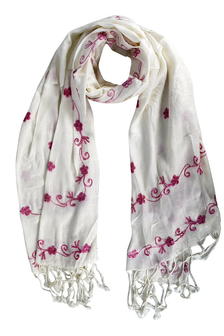 White and Pink Floral Embroidered Vintage Shawl Scarf Wrap with Fringe
