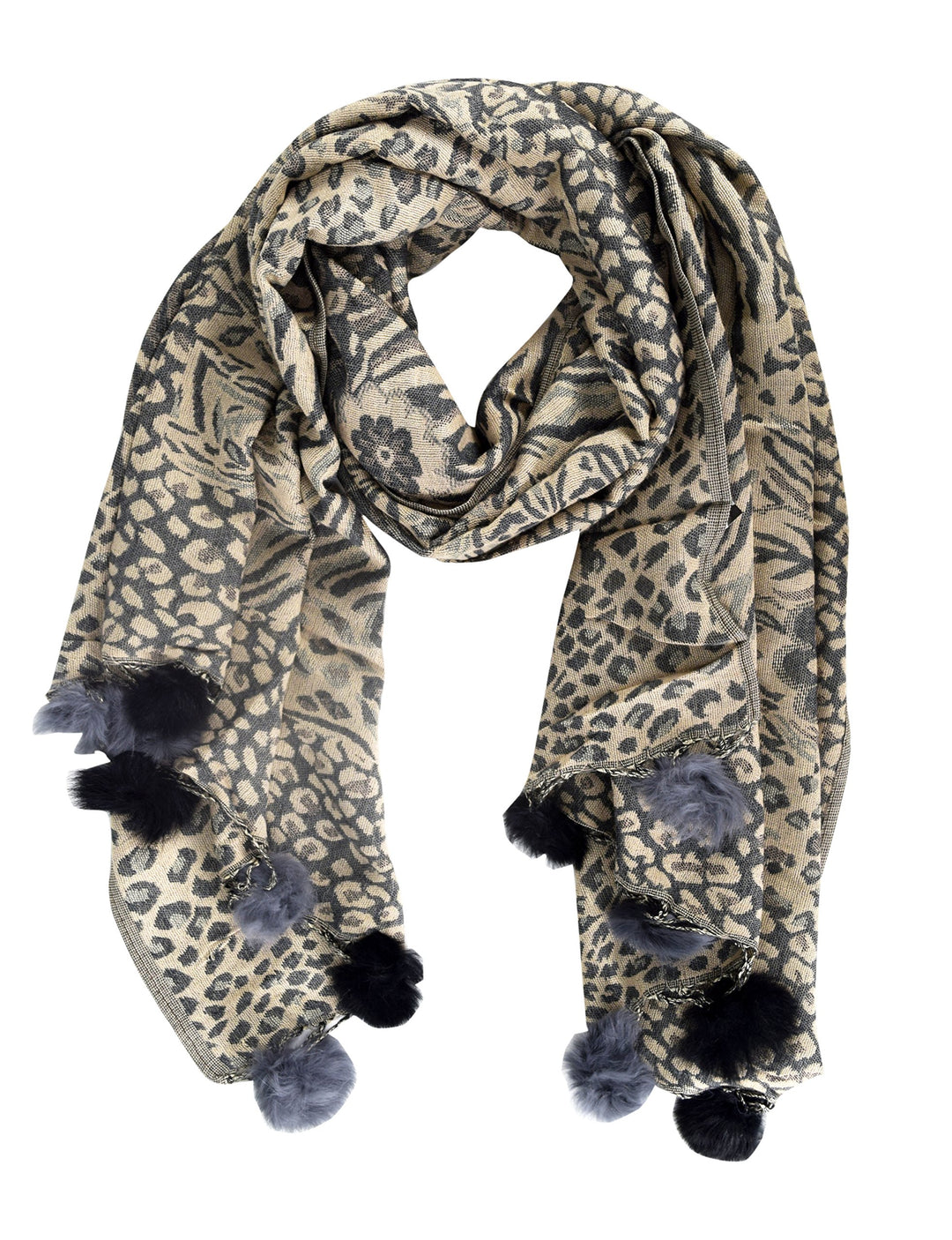 Retro Floral Animal Print Pashmina with Faux Fur Poms