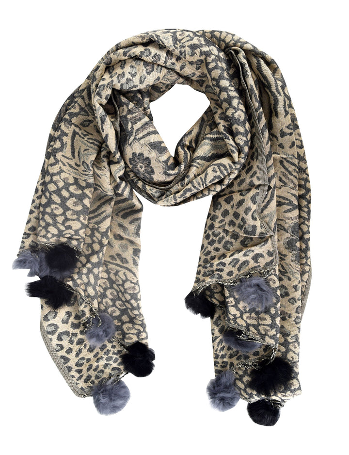 Retro Floral Animal Print Pashmina with Faux Fur Poms