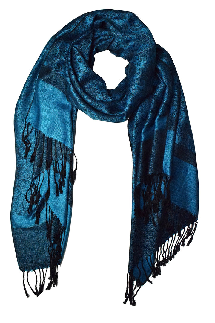 Elegant vintage jacquard paisley shawl wrap scarf in blue and black.