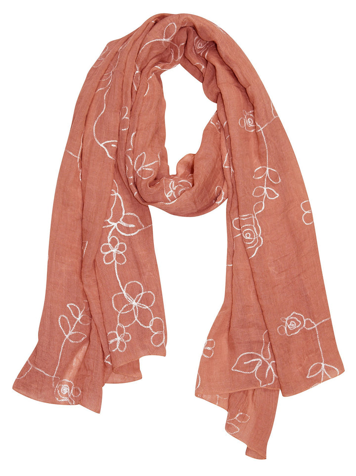 Sheer soft rose pink and peach cloth shawl scarf featuring intricate floral embroidery.