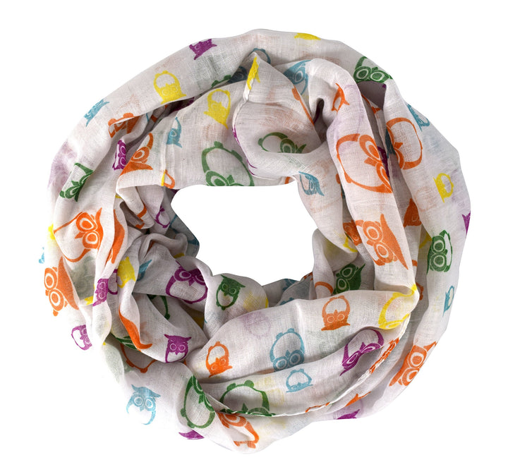 White vintage-style infinity loop scarf with a lightweight sheer fabric and a whimsical owl bird print pattern.