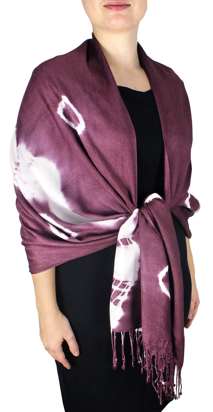 Hand dyed plum and white tie-dye pashmina shawl with soft fringe detail