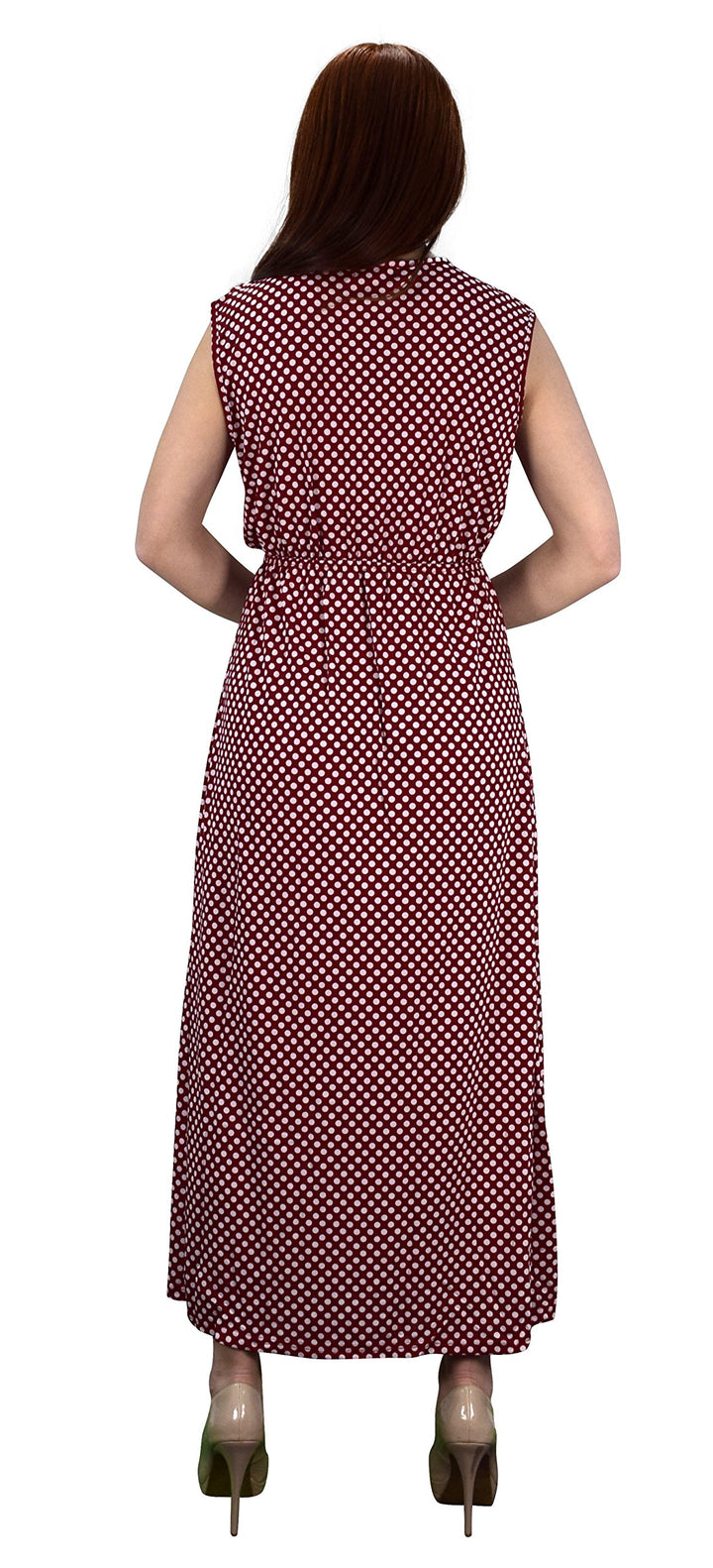 Polka Dot Ruffled V Neck Sleeveless Empire Waist Summer Maxi Dress