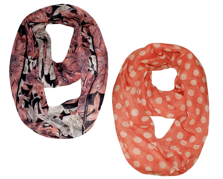 Peach and Pink Best Of Both Worlds Polka Dot and Floral Sheer Infinity Scarf Loop