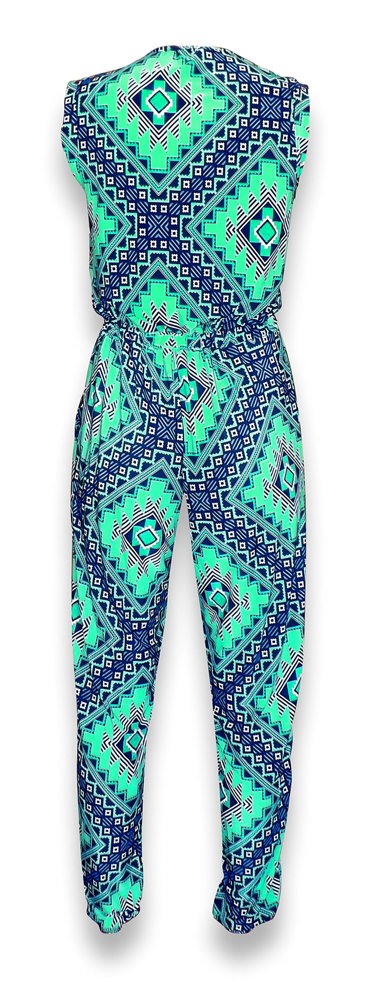 Tribal Geometric V Neck Button Sleeveless Romper Jumpsuit L Blue