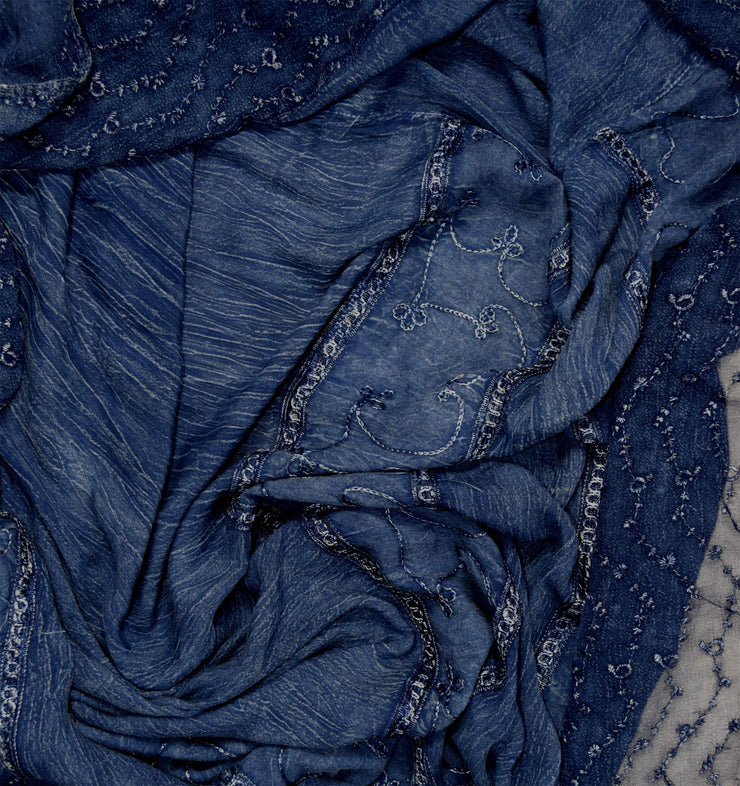 Women Rayon Stonewash Denim Embroidered Floral Handkerchief Gypsy Dress