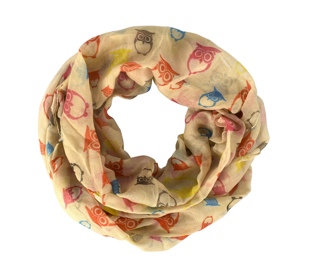Lightweight tan infinity loop scarf featuring a vintage-inspired owl and bird print pattern for women