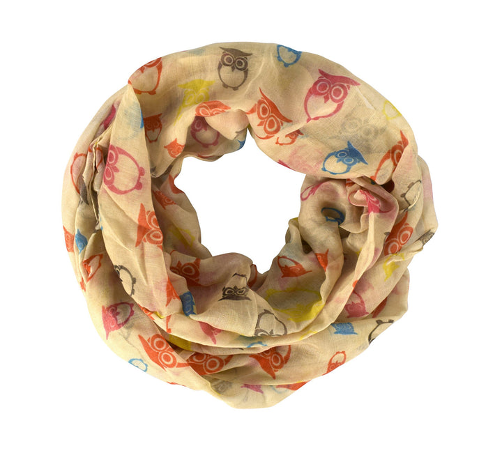 Lightweight tan infinity loop scarf featuring a vintage-inspired owl and bird print pattern for women