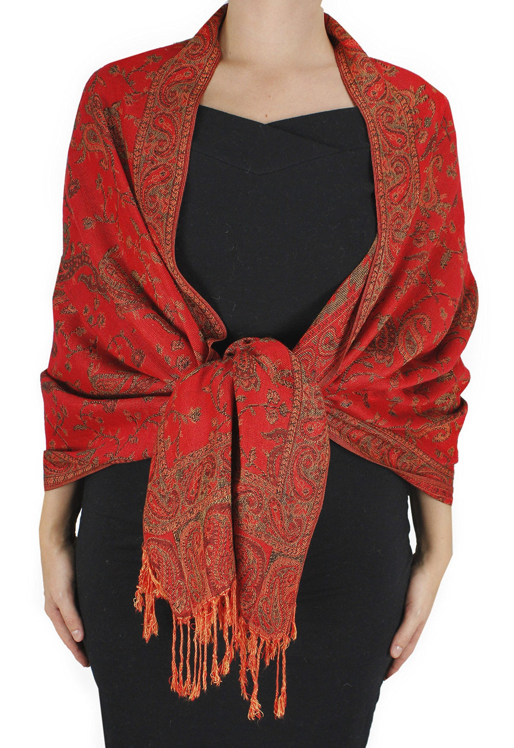 Elegant double layer reversible pashmina shawl wrap scarf with intricate paisley pattern and fringed edges.
