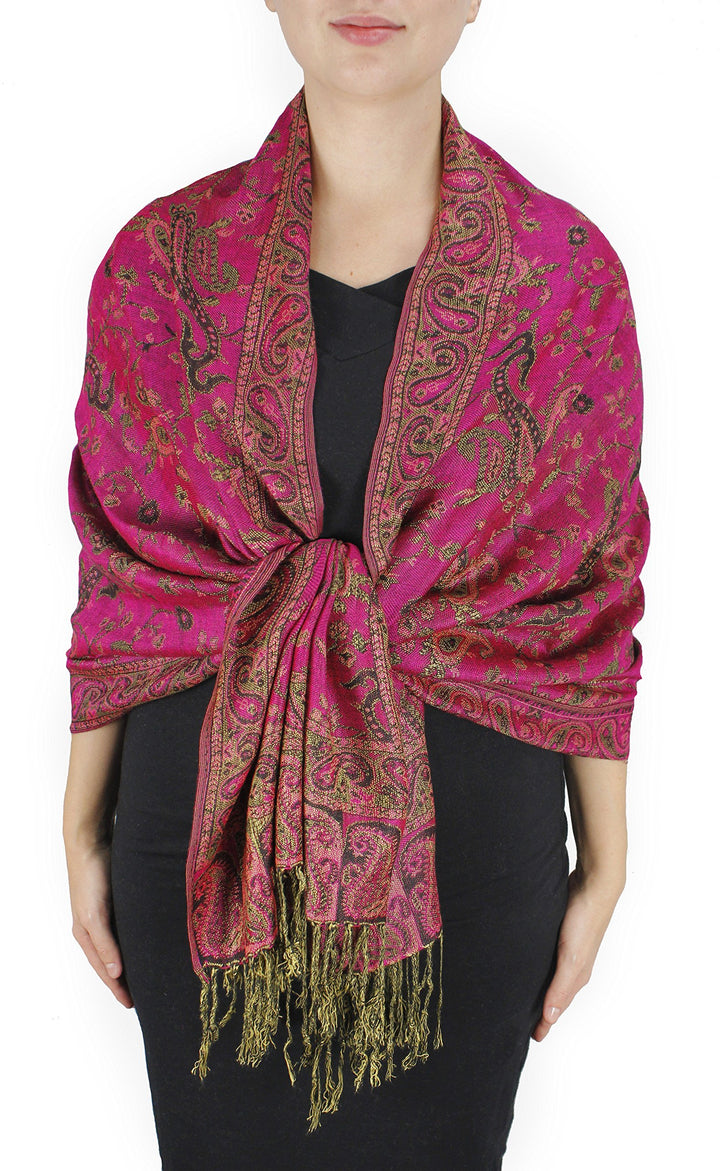 Fuchsia double-layer reversible pashmina shawl featuring an intricate paisley pattern and fringed edges.