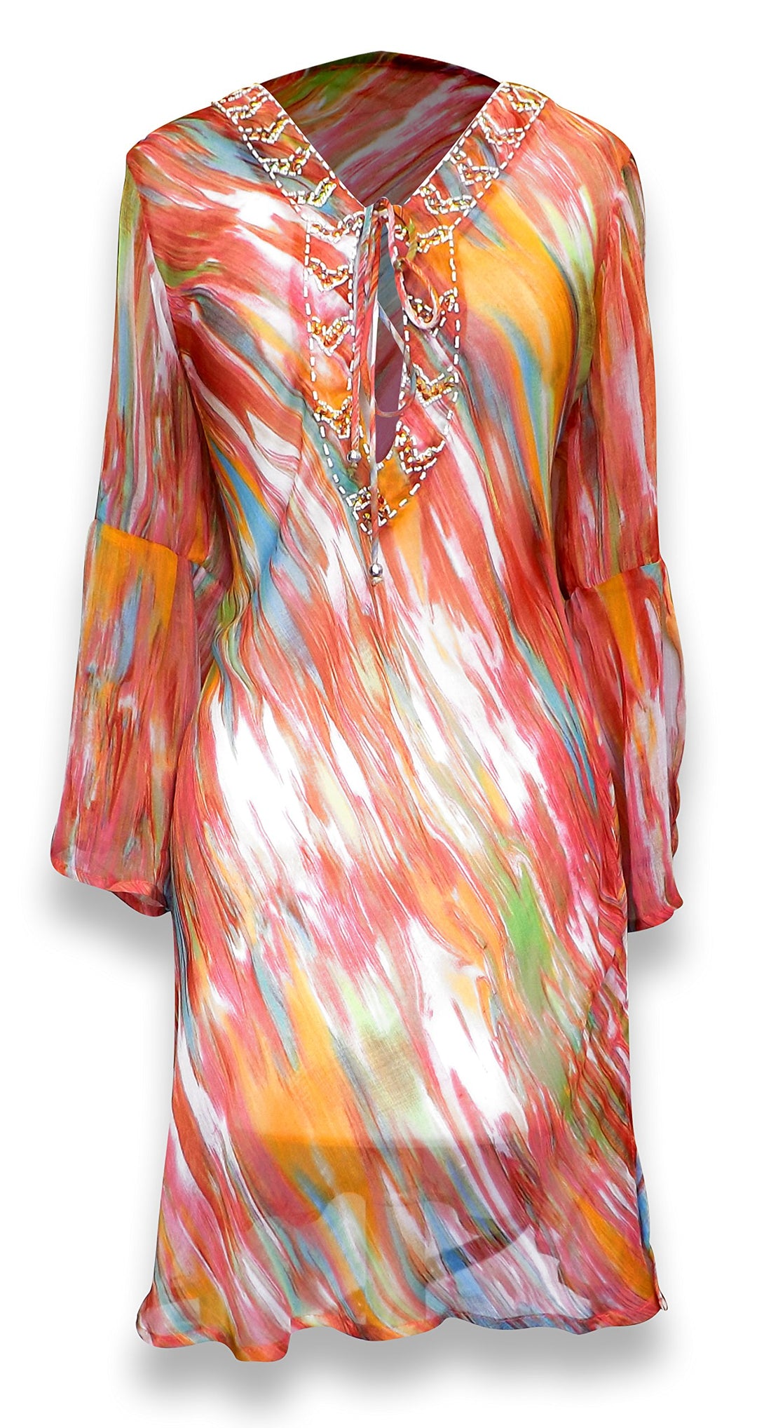 Peach Couture Sheer Multi Print Drape Bathing Suit Cover Up Tunic Top Swim Dress