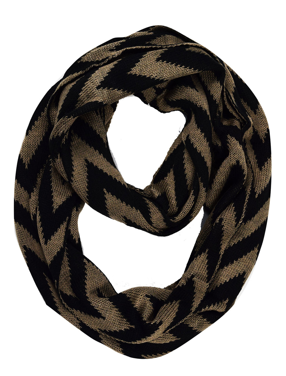 Soft knit winter infinity loop scarf featuring a chevron zigzag pattern in a warm, stylish design.