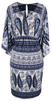 Womens Vintage Boho Casual Summer Paisley Batwing Blue Midi Dress