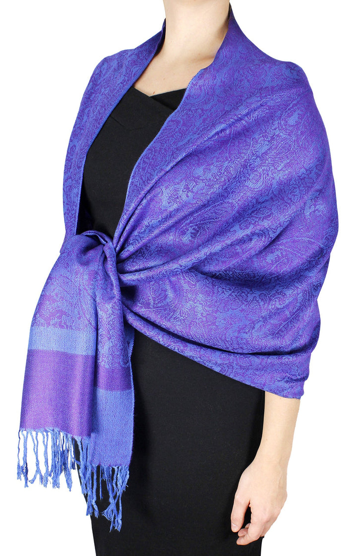 Elegant purple and blue reversible double layer jacquard paisley shawl wrap scarf.