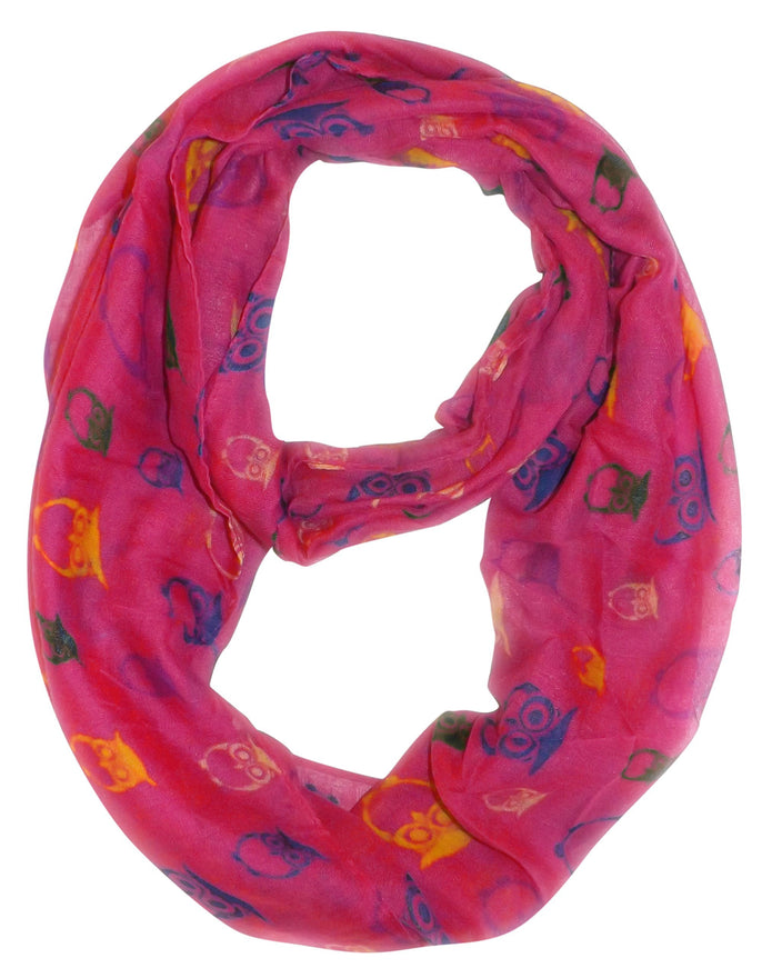 Fuchsia Peach Couture Stunning Colorful Lightweight Vintage Owl Print Infinity Loop Scarf