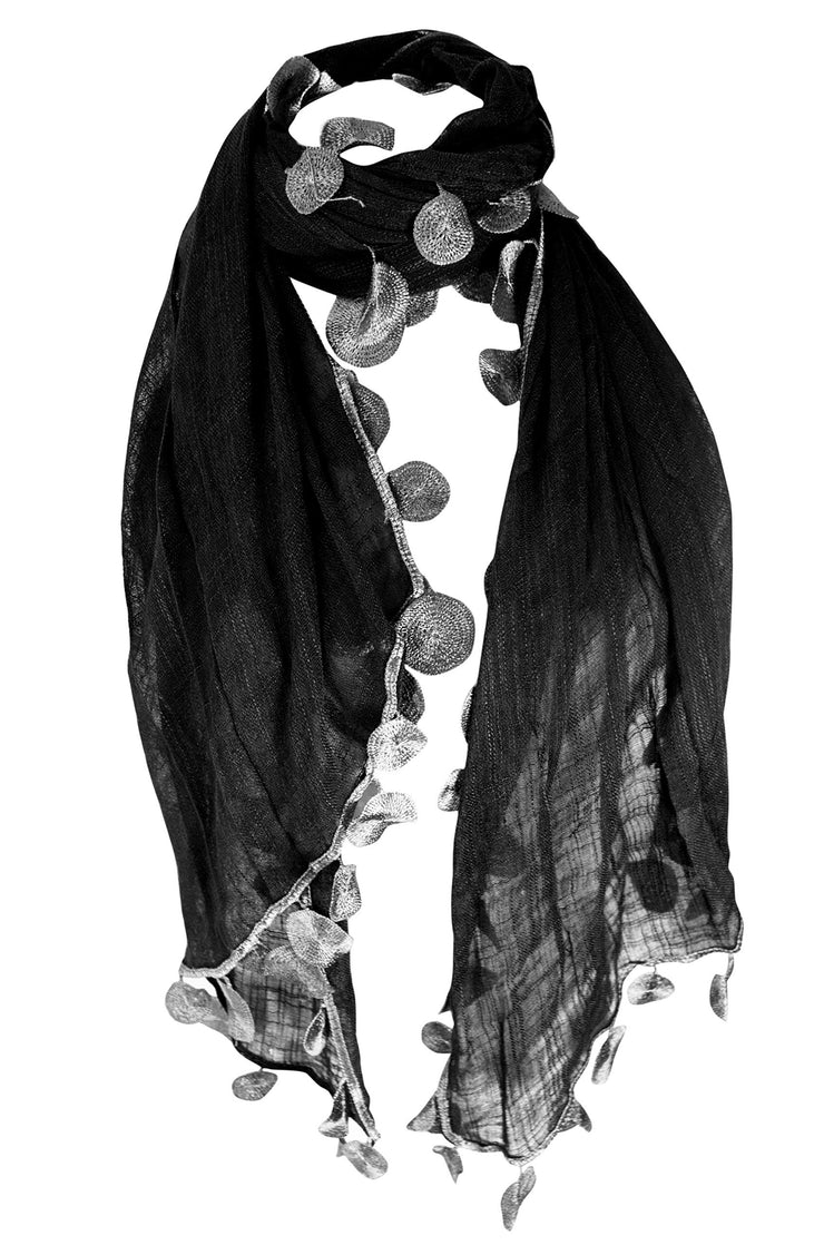 Black All Seasons Chic Silk Feel Sheer Textured Scarf W/ Sphere Tassels
